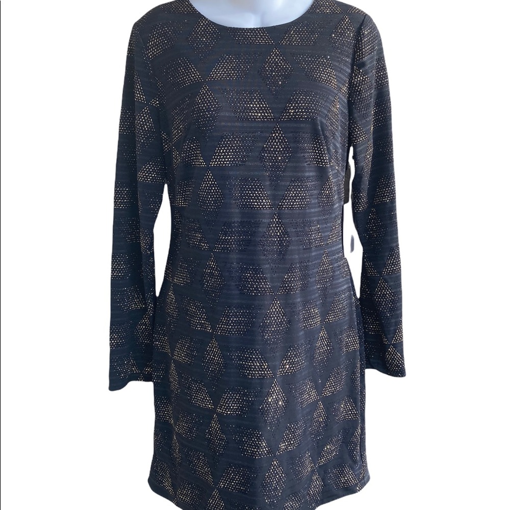 Vince Camuto Black Gold Textured Long Sleeve Metallic Sheath Dress Size 8 NWT